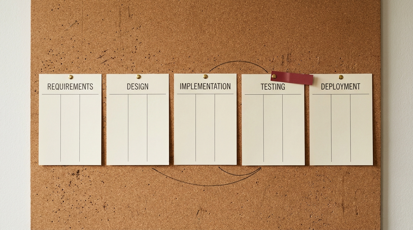 A cork board pinned with five printed cards, one per lifecycle stage, each with three empty columns for the decision, who decides, and the evidence required