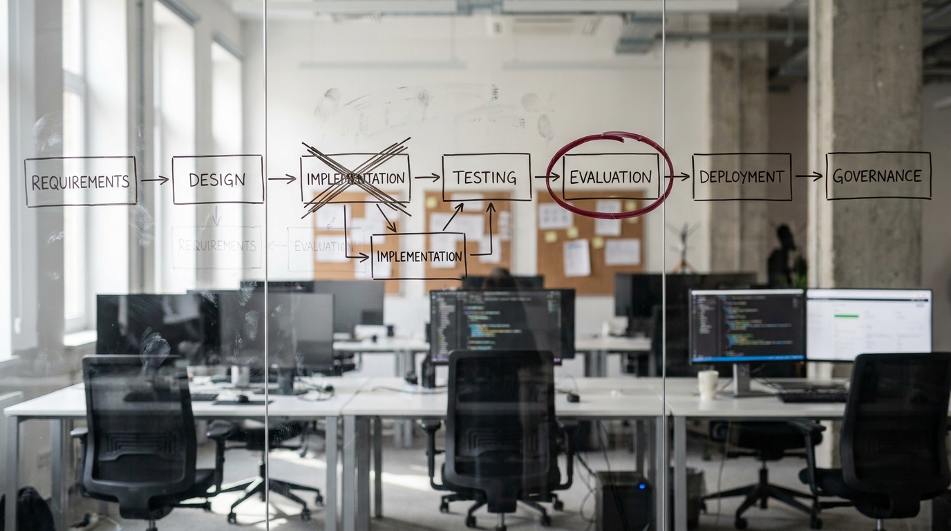 A glass office wall with a hand-drawn seven-stage software delivery lifecycle diagram, the evaluation stage circled in red marker
