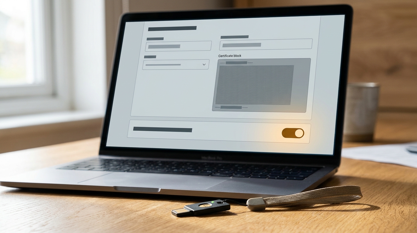 A laptop screen showing an identity provider configuration form with an amber directory sync toggle, beside a hardware security key