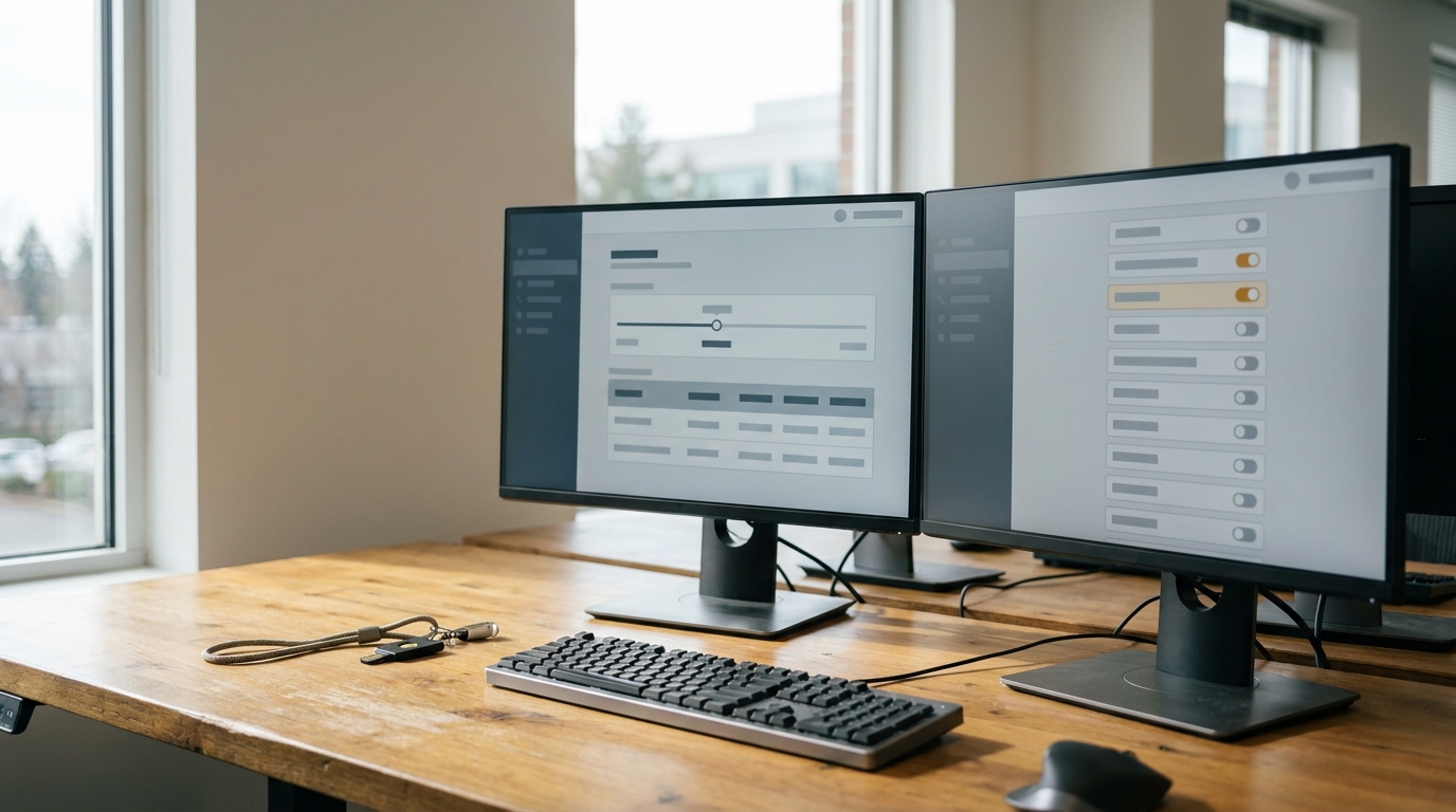Two monitors on an office bench showing a data retention duration slider and a list of connected source toggles