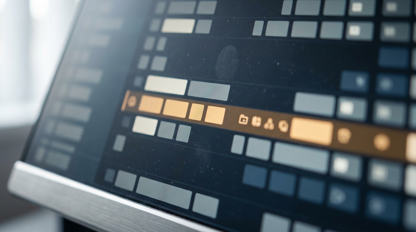 Extreme close-up raking across a monitor showing dense audit log rows with one row highlighted in amber and the rest in soft focus