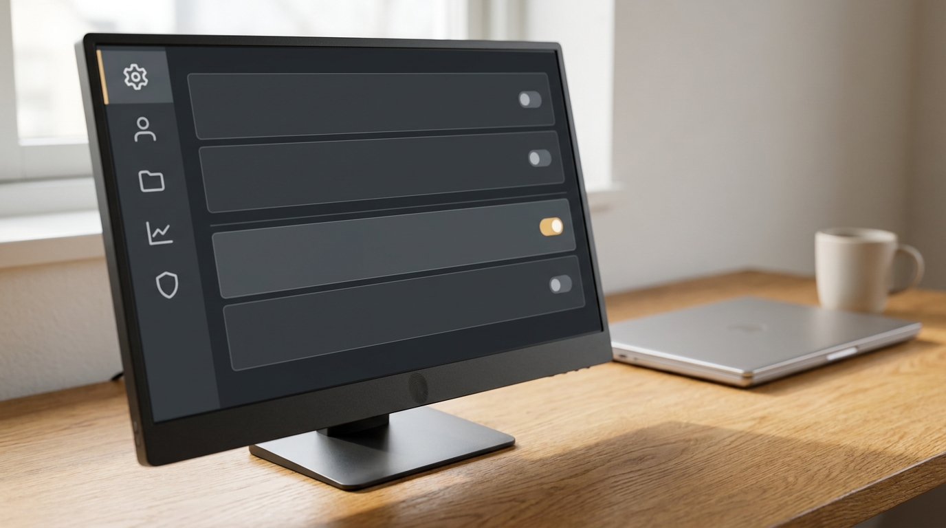 An external monitor on an oak desk showing an enterprise admin settings page as unlabelled rows of toggle switches, one switched on in amber, beside a closed laptop and a mug.