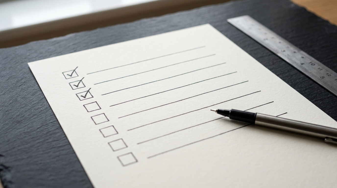 A checklist sheet on a slate desk with eight tick boxes, the first three ticked in pen, beside a pen and a steel ruler