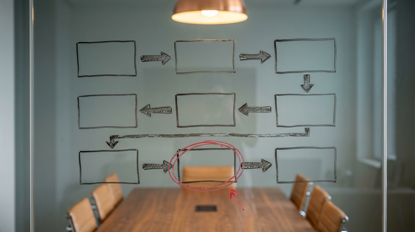 Nine empty rectangles hand-drawn in marker on a glass meeting-room wall, joined by arrows with one circled in red
