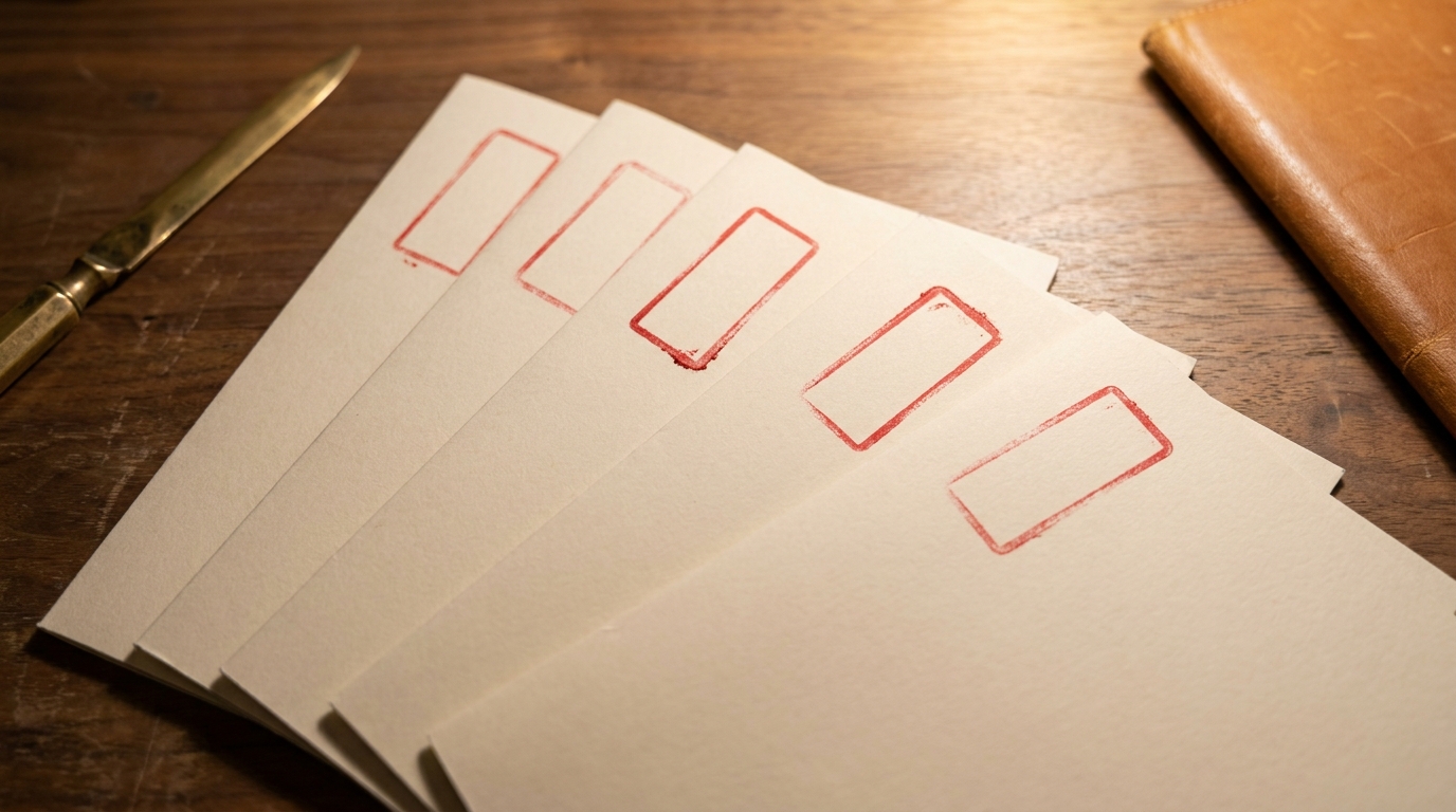 Five blank cream report covers fanned across a walnut desk, each carrying an empty red stamp mark, beside a brass letter opener