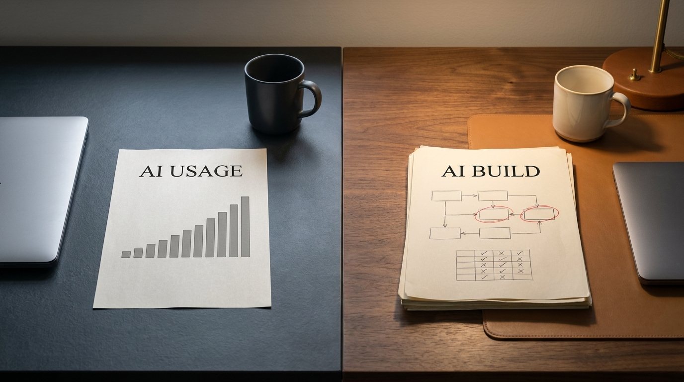 Split-frame photo comparing a cool-lit desk with an AI usage chart and a warm-lit desk with a marked-up AI build plan
