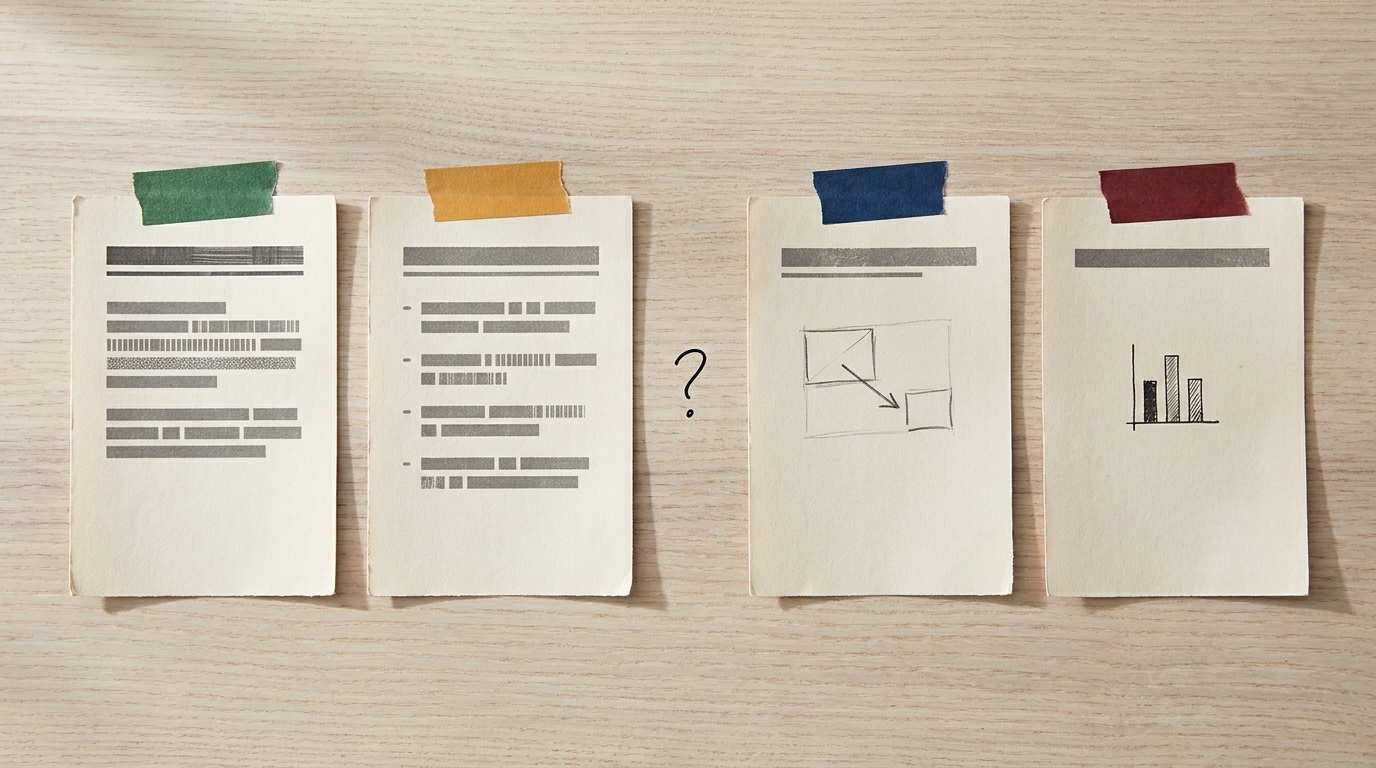 Four paper idea cards laid in a row overhead on a wood desk, each with a differently coloured tape tab and a different layout