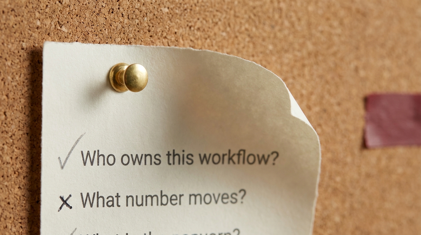 Macro close-up of a printed checklist pinned to cork, with a pencil tick beside one line and an ink cross beside another