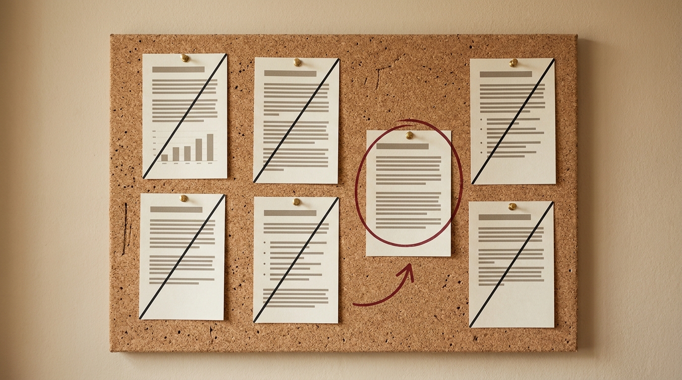 A cork board of pinned paper idea cards, five crossed out in black ink and one circled in red with an arrow drawn to it