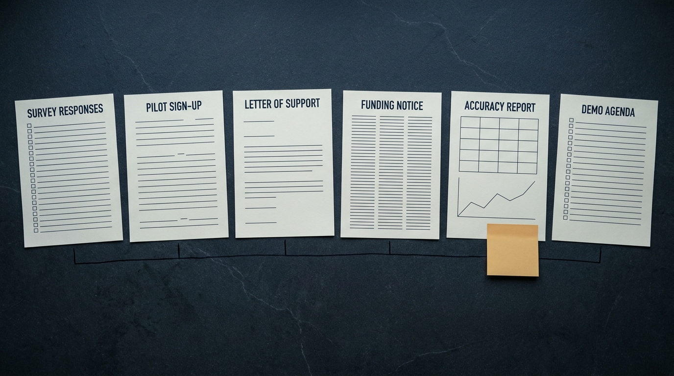 Overhead flat-lay of six printed research documents in a row on a slate worktop, connected by a thin drawn ink line