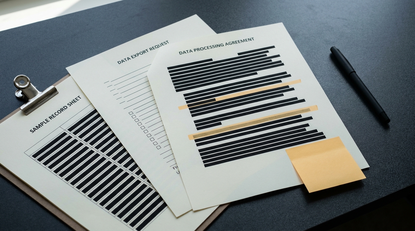 A printed data-processing agreement with highlighted clauses beside a redacted sample data record and an export request form