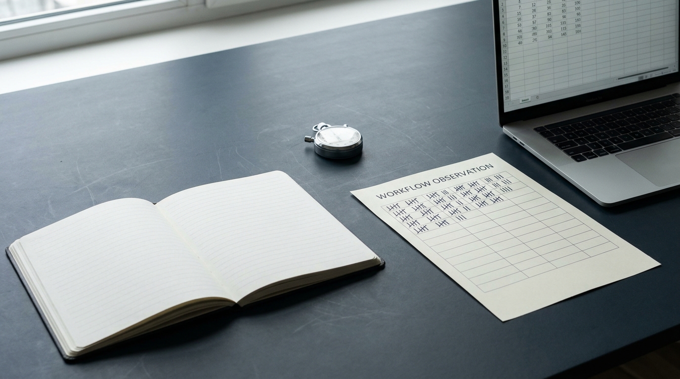 A desk with a blank ruled notebook, a tallied workflow observation sheet, a stopwatch and a laptop showing a numeric grid