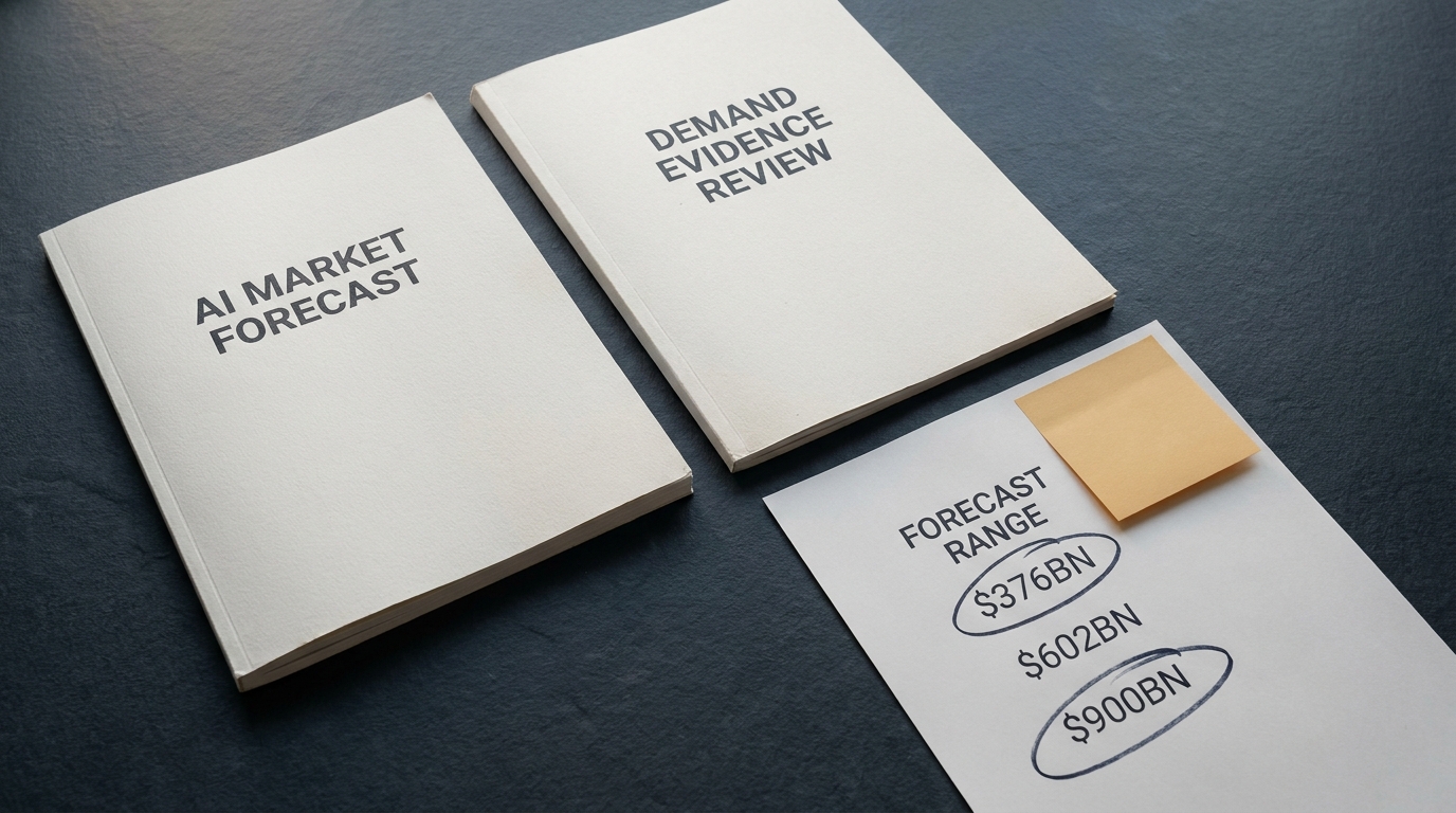Two unbranded printed report covers on a slate desk beside a forecast-range sheet with two of its three figures circled in ink