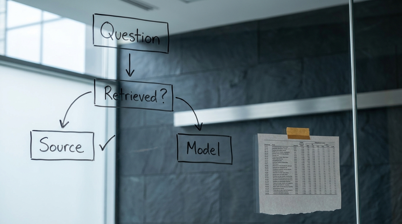 A hand-drawn diagnostic flow on a glass wall branching from a question to source and model, with a printed table taped beside it