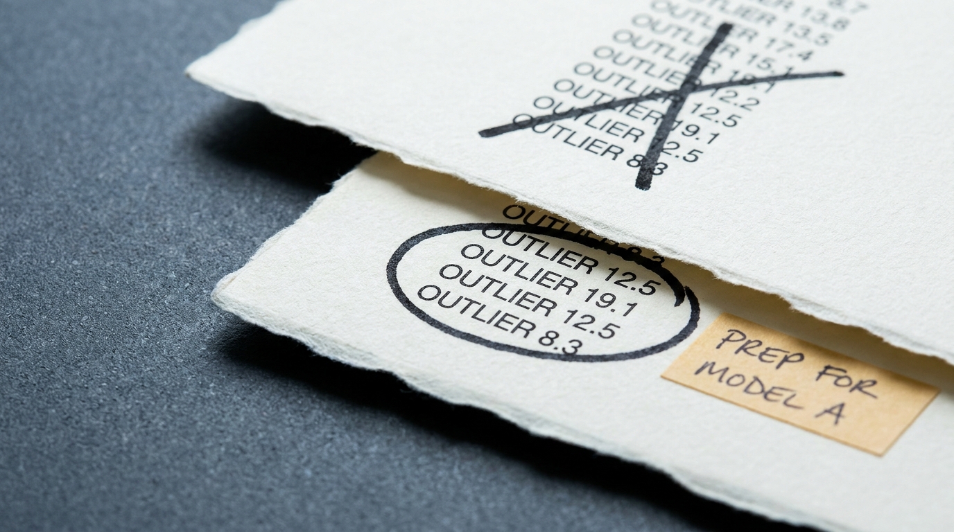 Macro close-up of two overlapping printed data sheets, one column of outliers struck through in ink, the same column circled on the other