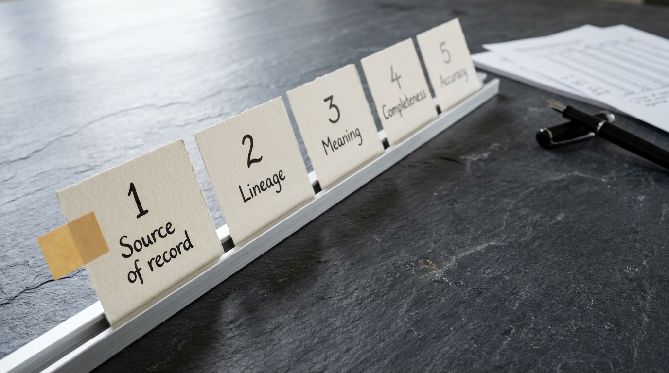 Five numbered cards standing in an aluminium rail on slate, labelled source of record, lineage, meaning, completeness and accuracy, receding from front to back.