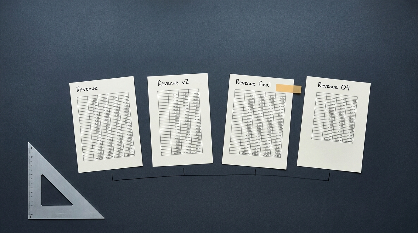 Overhead flat-lay of four near-identical printed revenue table extracts on slate, connected by an ink line, one marked with an amber tab