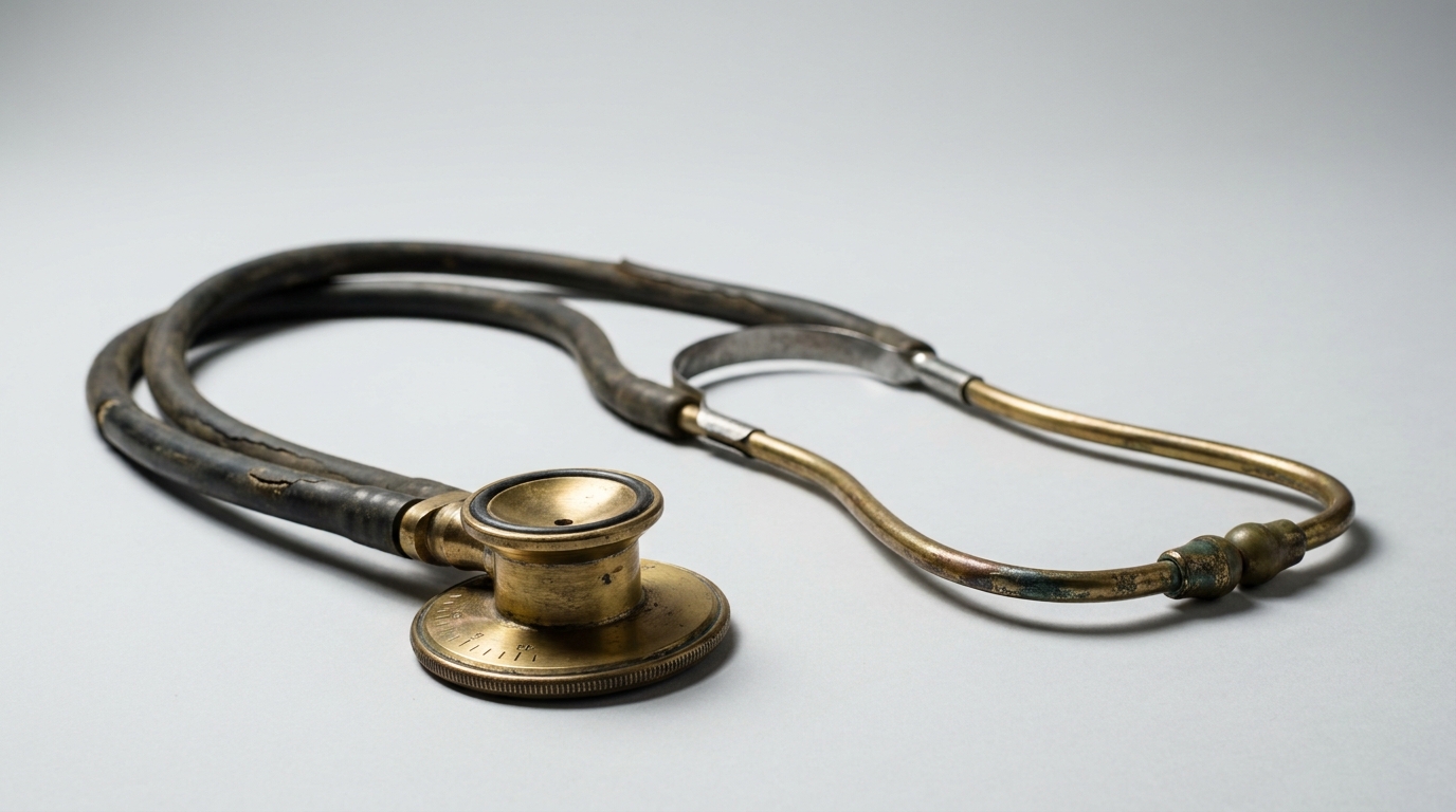 A worn brass and steel stethoscope lying alone on a seamless pale grey background, chestpiece facing the camera