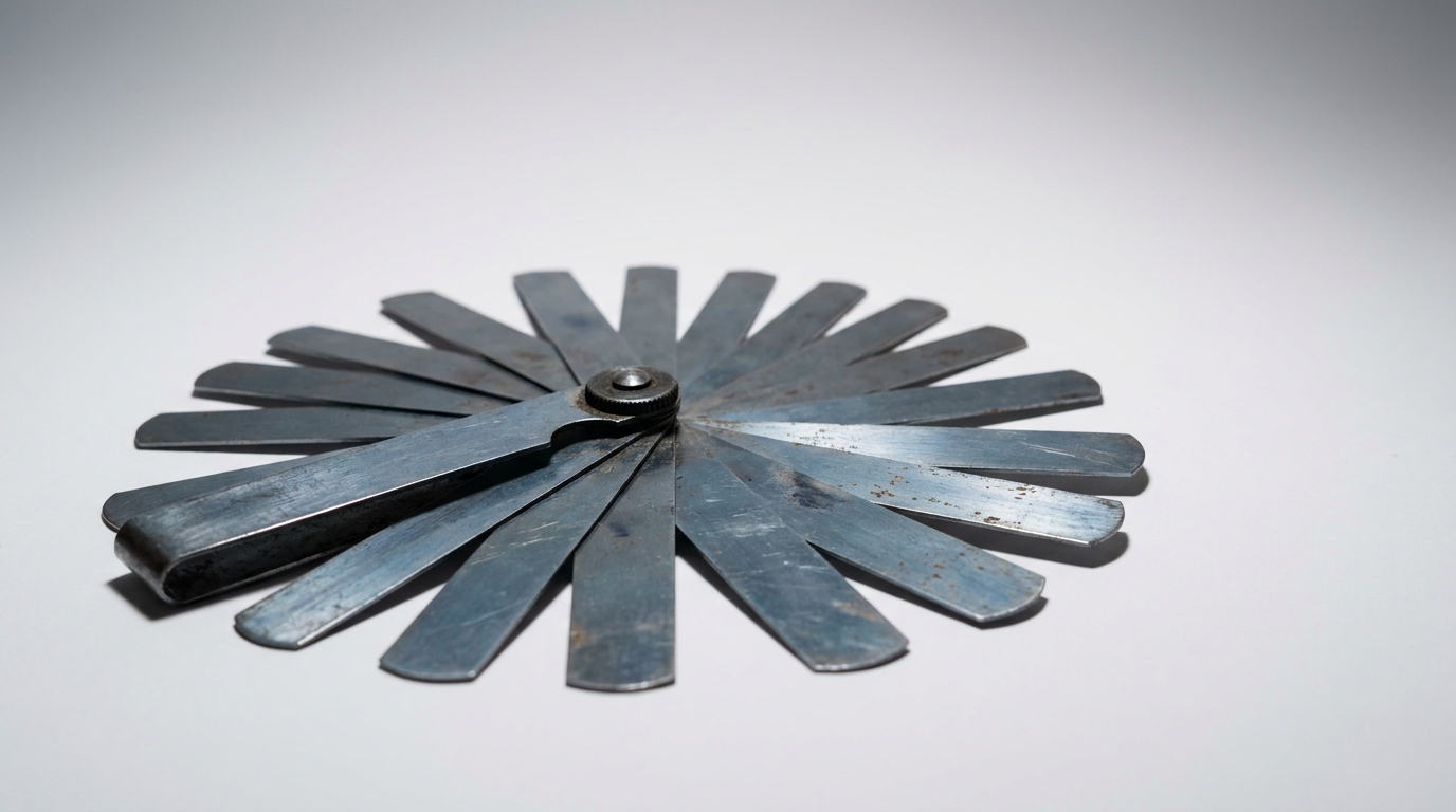 A worn steel feeler gauge set fanned into an arc on a pale grey backdrop, blades catching a single overhead light