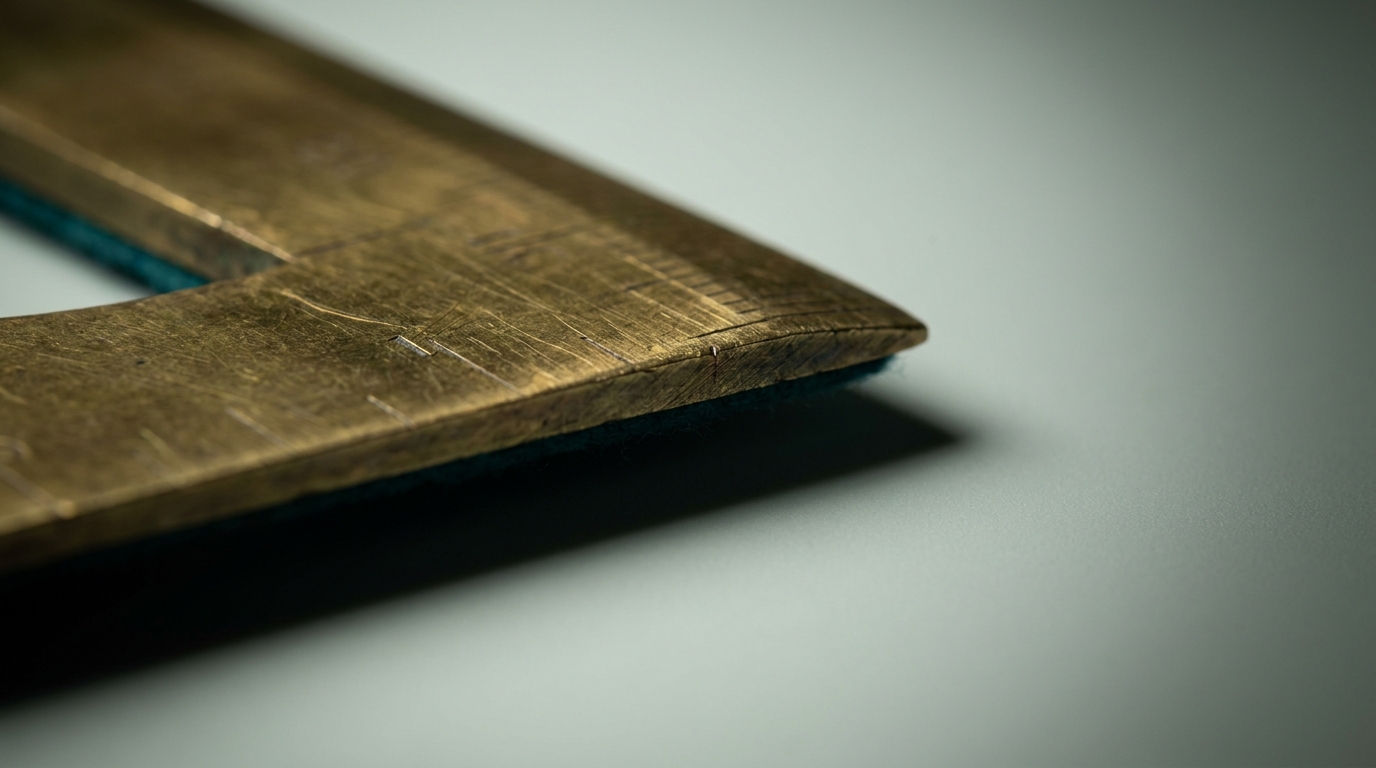 Extreme macro of the worn graduated edge of a brass measuring blade running diagonally through the frame