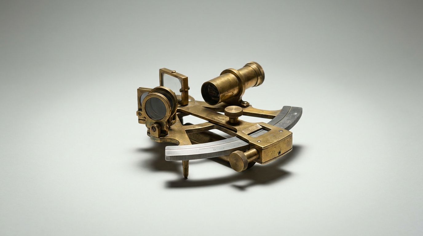 A worn brass marine sextant standing on its feet against a seamless pale grey backdrop under a single overhead spotlight