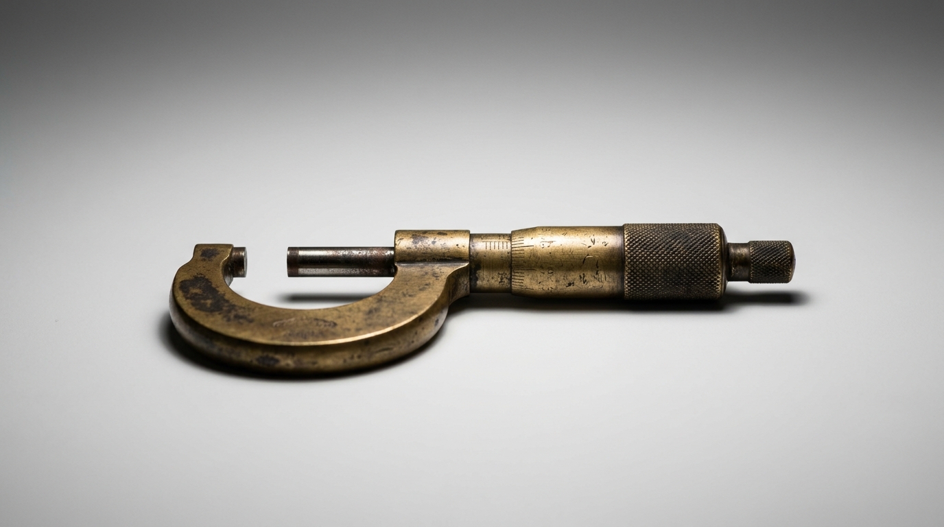 A worn brass micrometer laid horizontally against a pale grey backdrop under a single overhead museum spotlight