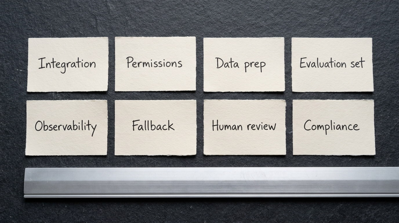 Overhead view of eight hand-lettered index cards on slate labelled with AI project cost categories, beside an aluminium ruler