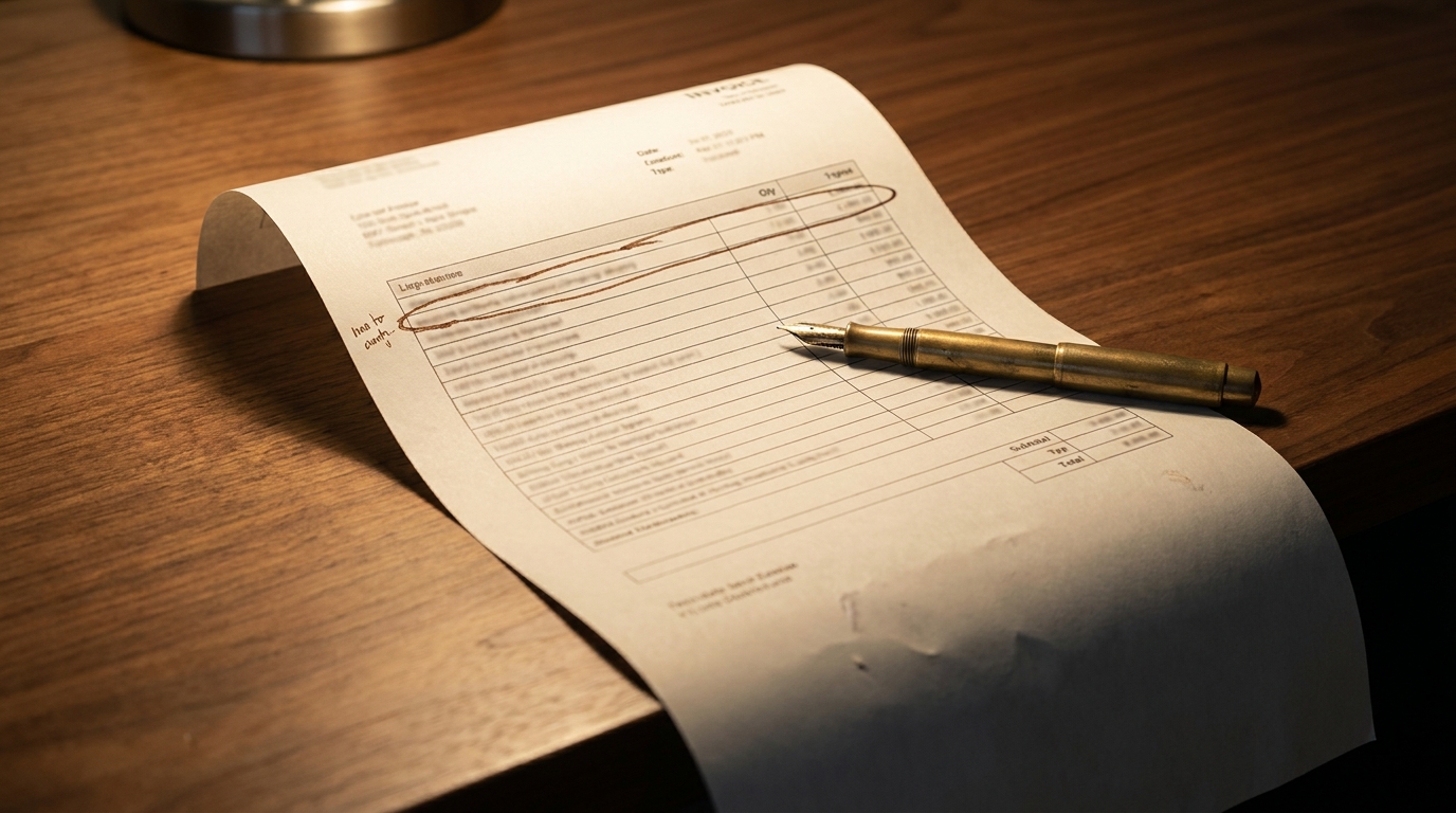 A long printed line-item invoice curling off a walnut desk with one row circled in ink and a fountain pen resting across it