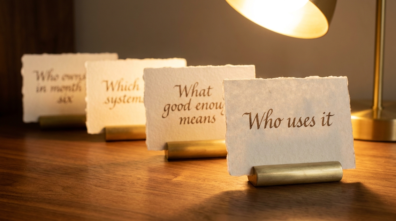 Four hand-lettered cream cards in a row on a walnut desk listing the four questions to settle before an AI pilot
