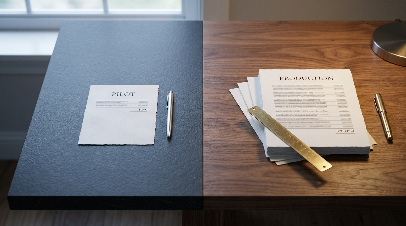 Split-frame photo of two printed estimate sheets side by side, a short one headed Pilot and a long annotated one headed Production