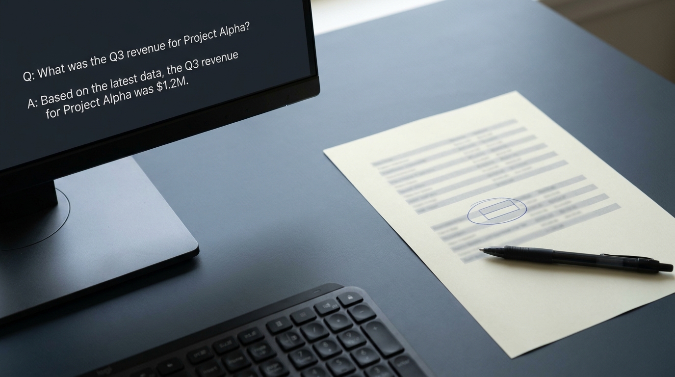 A monitor showing a short question-and-answer exchange beside an out-of-focus printout with one cell ringed in blue ink and a pen resting on it