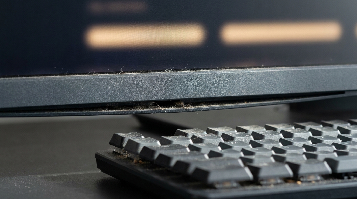 Macro close-up of settled dust and lint along a monitor bezel and between keyboard keycaps, screen glow defocused above