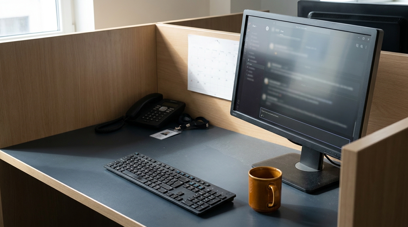 An unoccupied office cubicle desk with an angled monitor still running a dark chat interface, keyboard, cold mug and desk phone