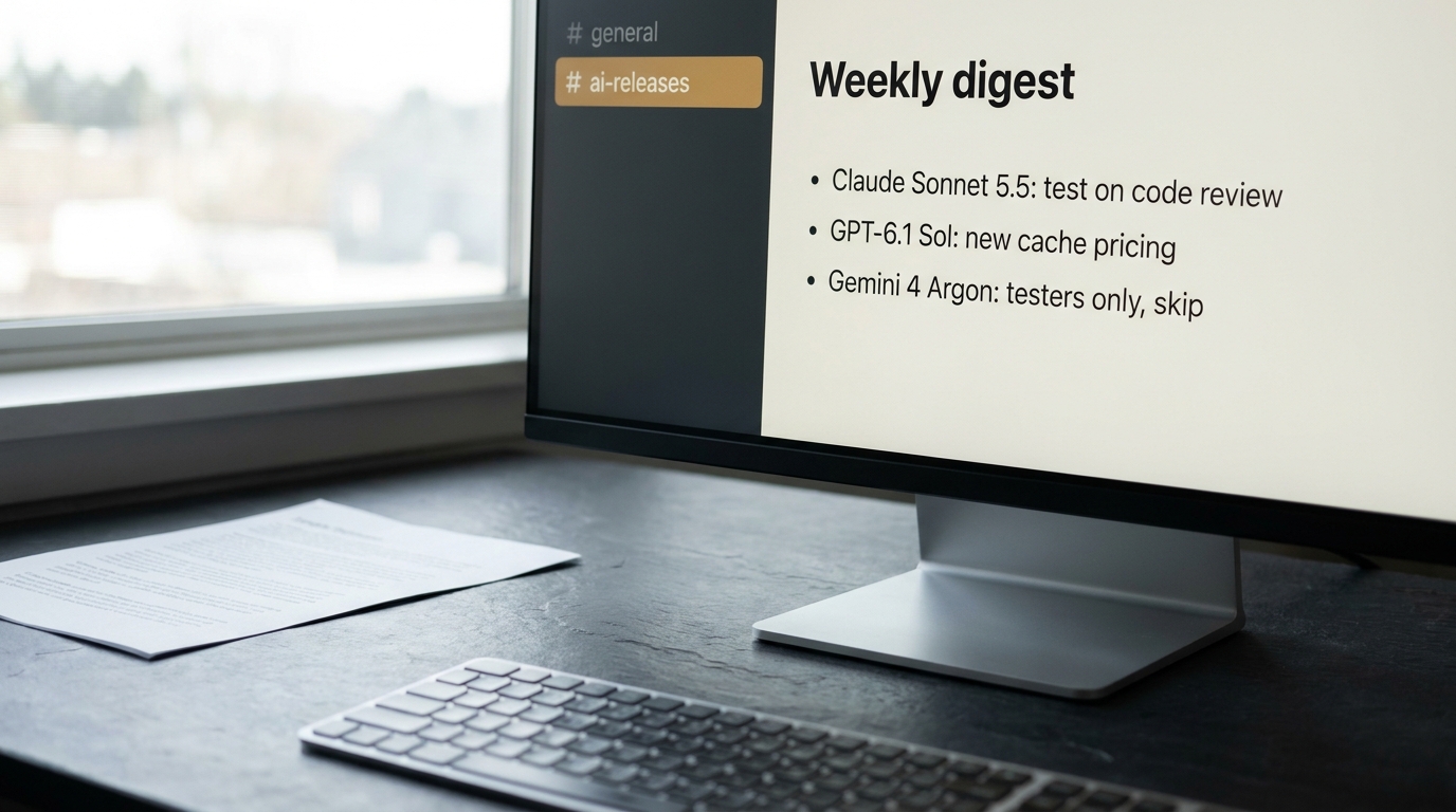 Monitor showing a team chat channel named ai-releases with a short weekly digest post of three items