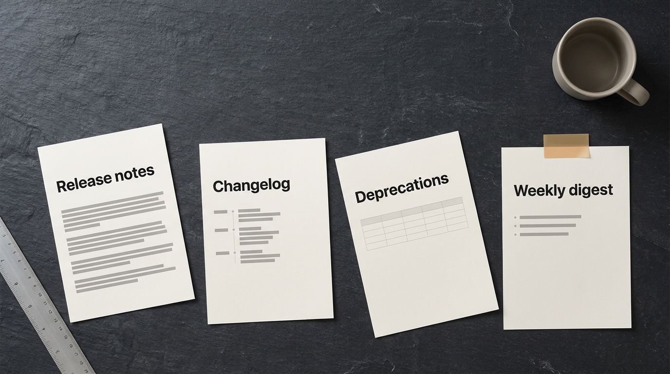 Overhead view of printed release notes, changelog, deprecations and weekly digest pages laid in a row on a slate desk