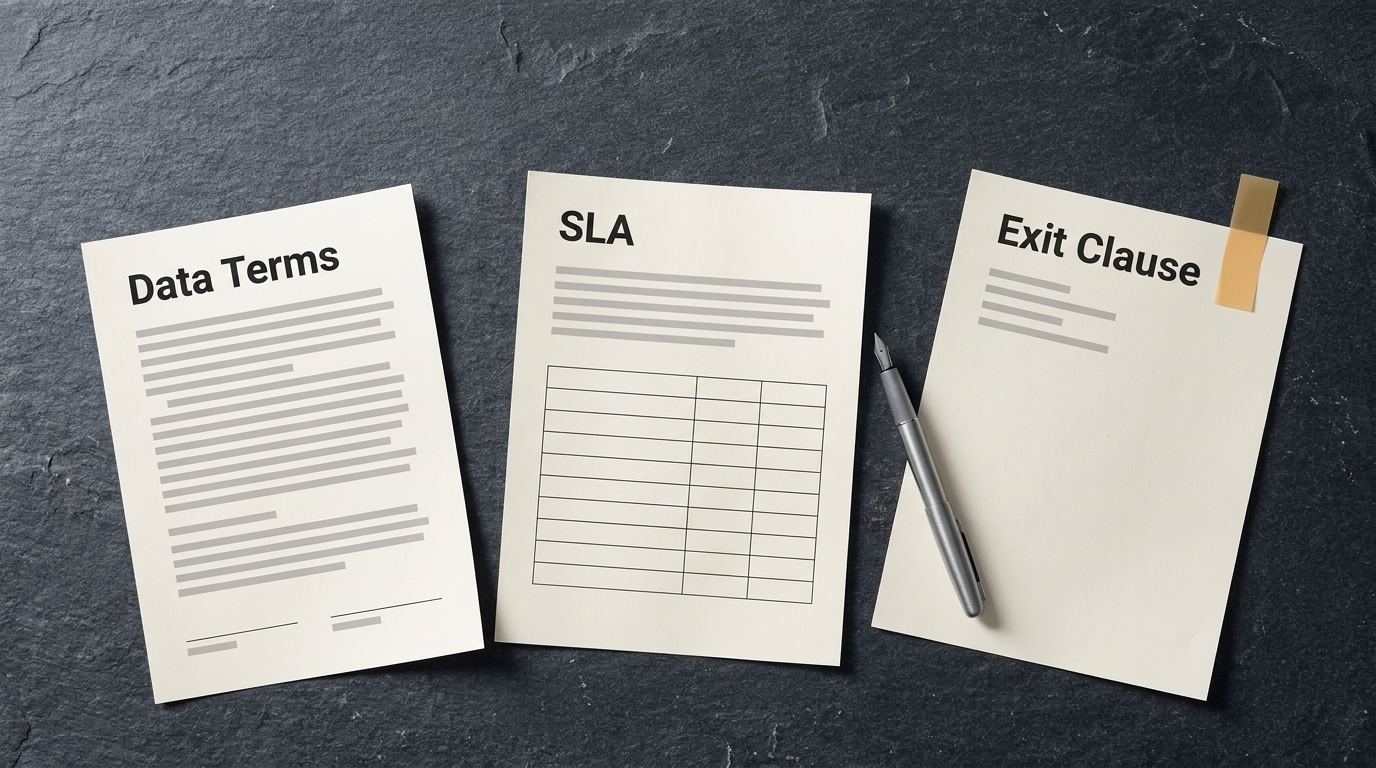 Three printed vendor agreements labeled Data Terms, SLA and Exit Clause on a slate desk beside a fountain pen