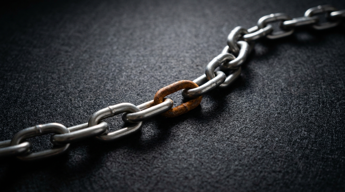 A polished steel chain on dark felt with one thinner, rusted link in the middle of an otherwise strong chain