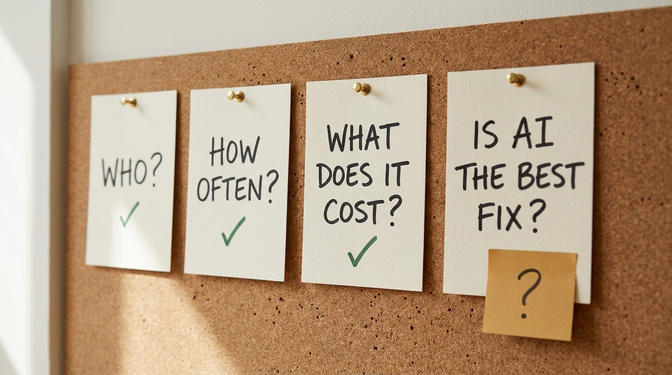 Four cards pinned in a row asking who, how often, what does it cost, and is AI the best fix
