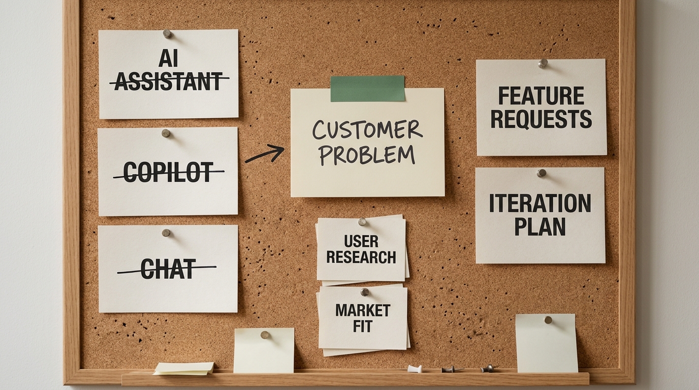Cork board product roadmap with AI assistant and copilot cards struck through and one central card reading customer problem