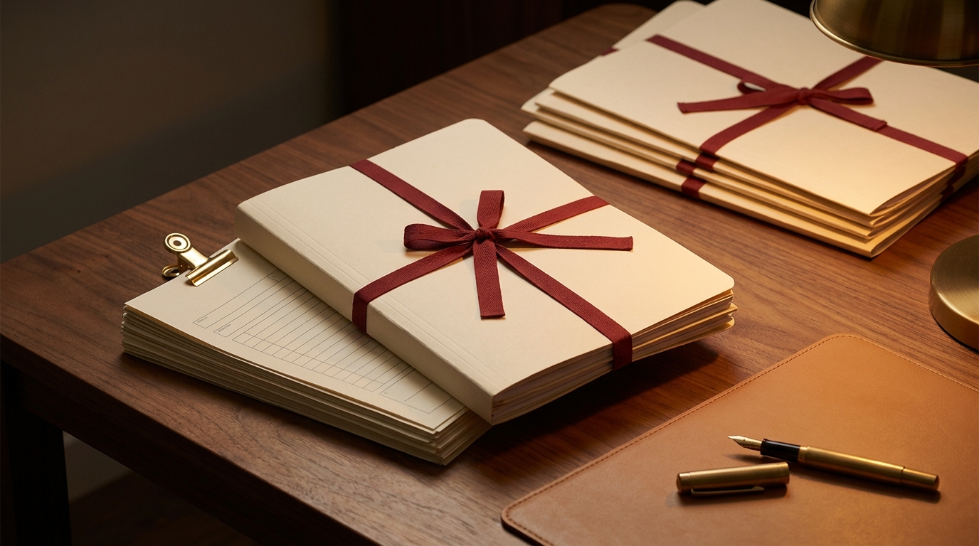 Cream project dossiers bound with red tape beside a clipped stack of ruled approval forms and a brass fountain pen on a lamp-lit walnut desk