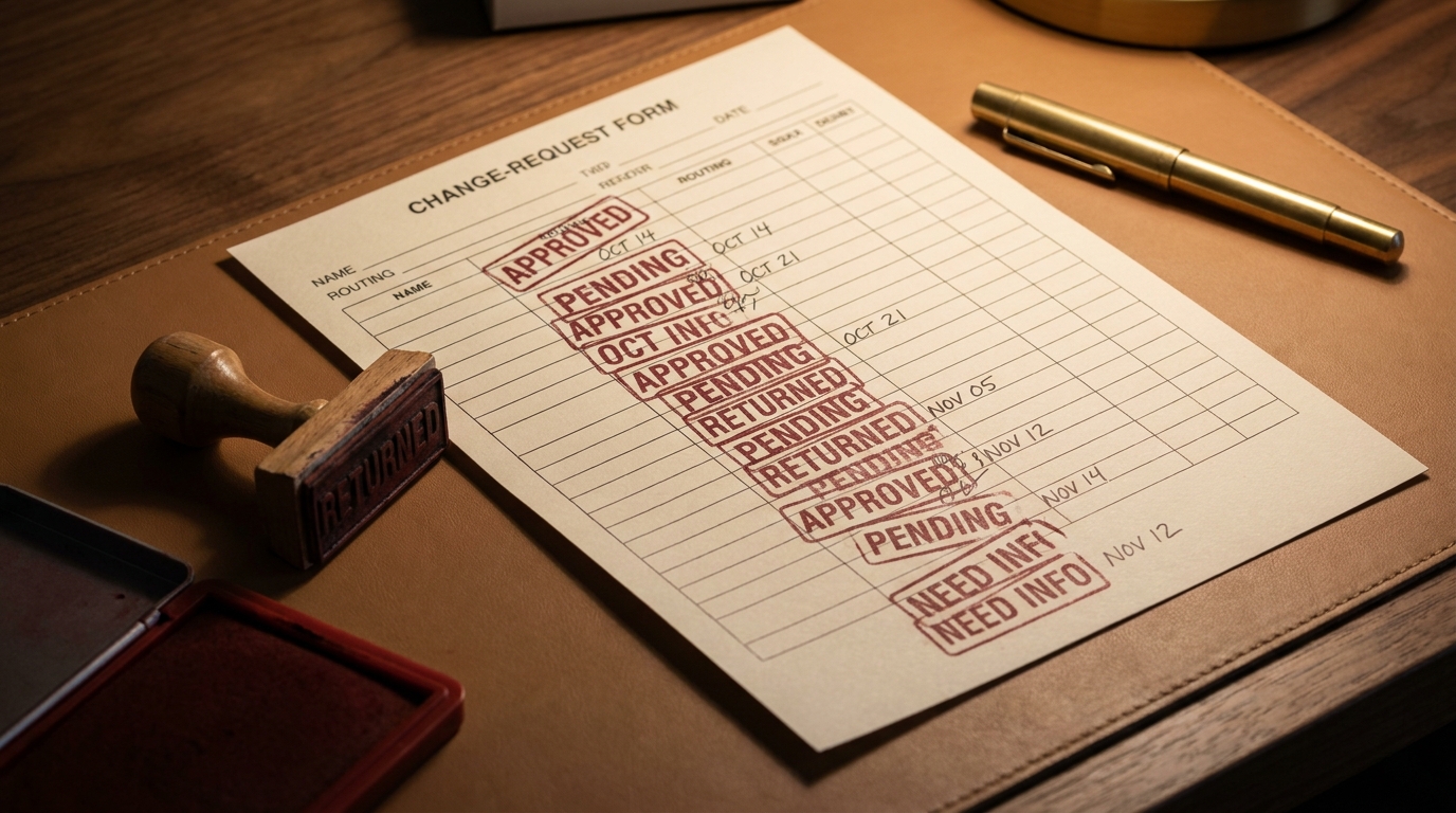 A change-request form covered in overlapping red approval stamps dated weeks apart, with rubber stamps and an ink pad beside it